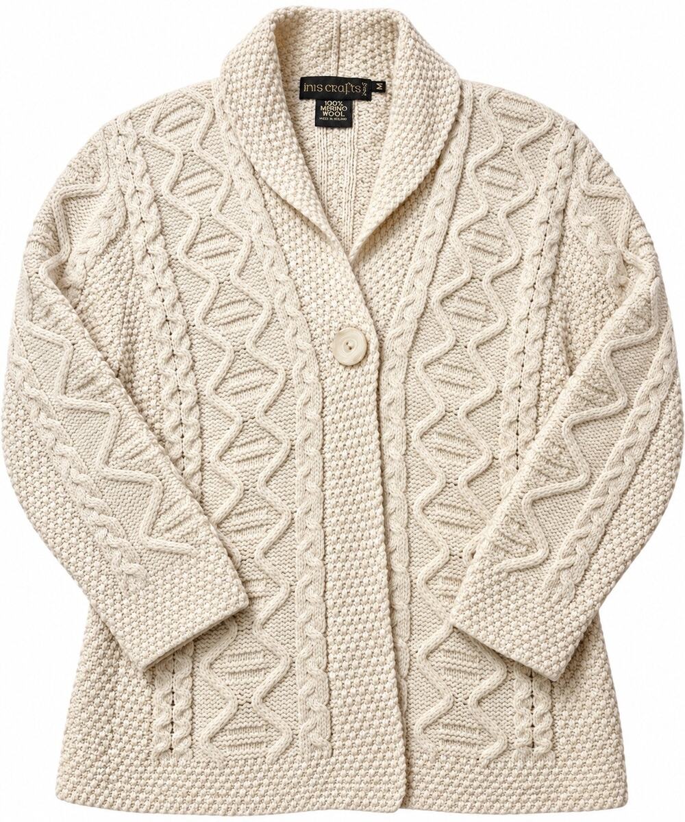 Inis Crafts Ireland 100% Merino Wool Cable Knit Cardigan Sweater Medium Cream